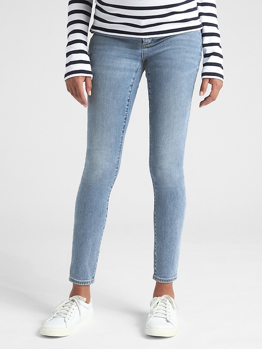 1 of 8 showing, with the color medium wash of product Maternity Soft Wear Inset Panel True Skinny Jeans