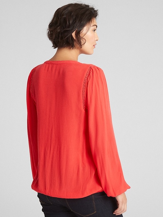 2 of 8 showing, with the color hula red of product Maternity Crinkle Lace-Trim Top