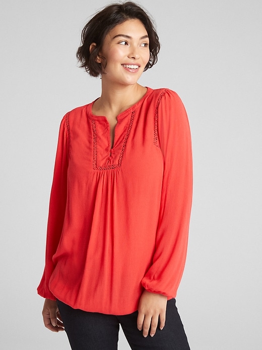 1 of 8 showing, with the color hula red of product Maternity Crinkle Lace-Trim Top