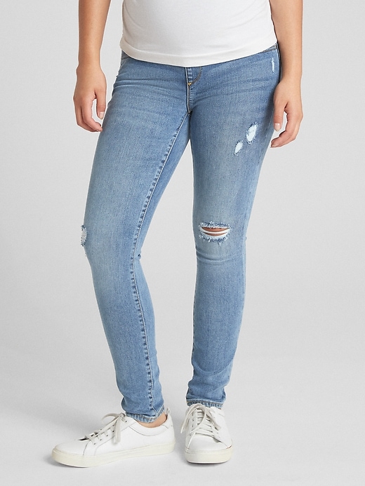 1 of 8 showing, with the color medium destructed of product Maternity Soft Wear Full Panel True Skinny Jeans in Distressed
