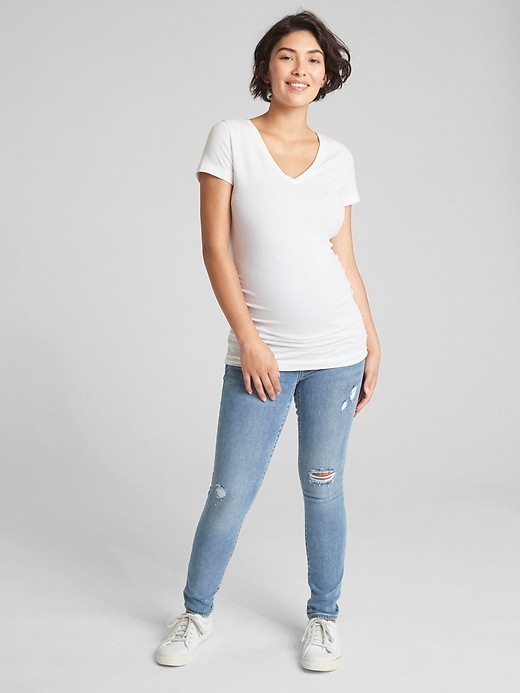 Image number 3 showing, Maternity Soft Wear Full Panel True Skinny Jeans in Distressed