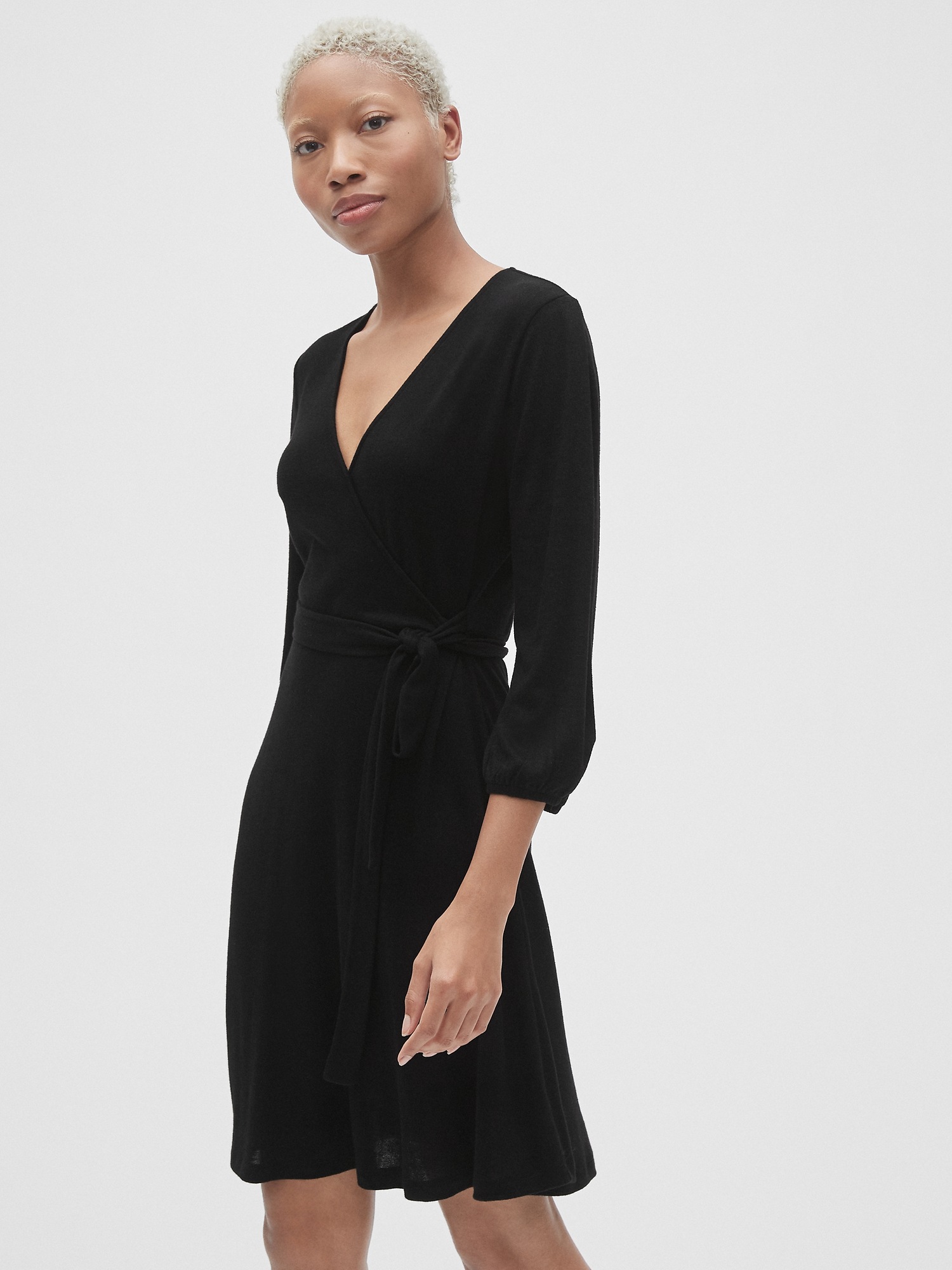 Softspun Three Quarter Sleeve Wrap Dress Gap Softspun Three Quarter Sleeve Wrap Dress