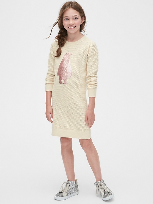 2 of 8 showing, with the color french vanilla of product Kids Sequin Penguin Sweater Dress