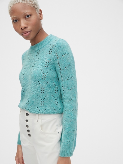 1 of 8 showing, with the color seafoam green of product Pointelle Crewneck Pullover Sweater
