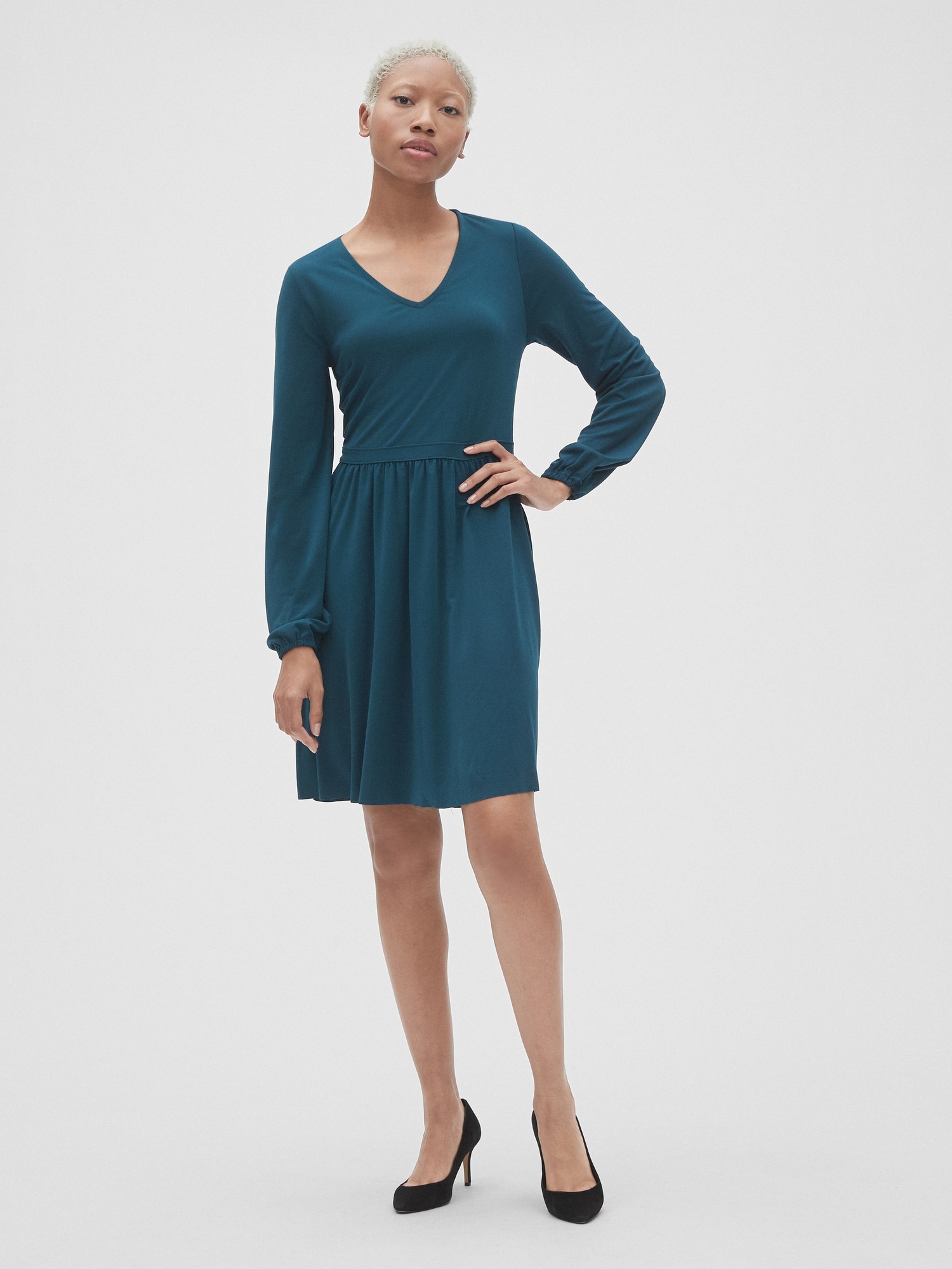 Fit and Flare Blouson Sleeve Dress in Ponte Gap