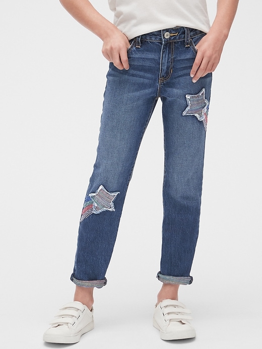 2 of 8 showing, with the color dark indigo of product Rainbow Star Patch Girlfriend Jeans