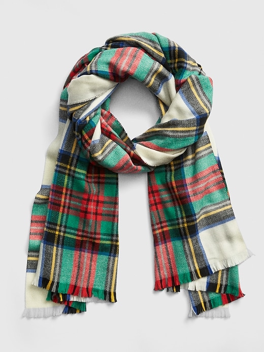 1 of 8 showing, with the color red & green plaid of product Oversized Cozy Frayed Scarf