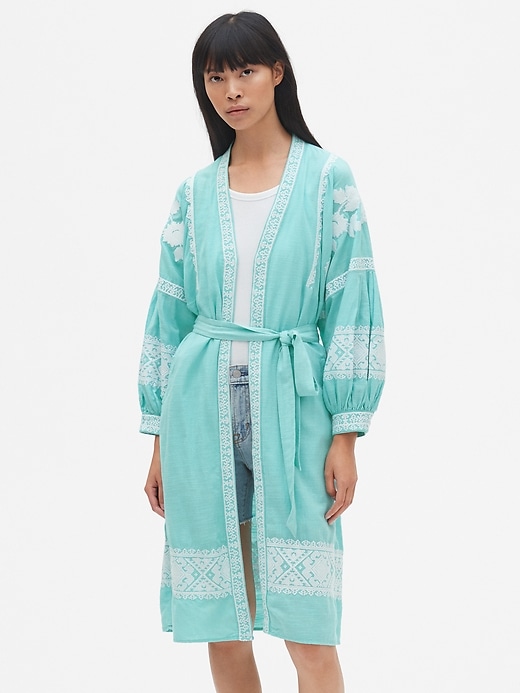 Image number 1 showing, Embroidered Balloon Sleeve Robe Jacket