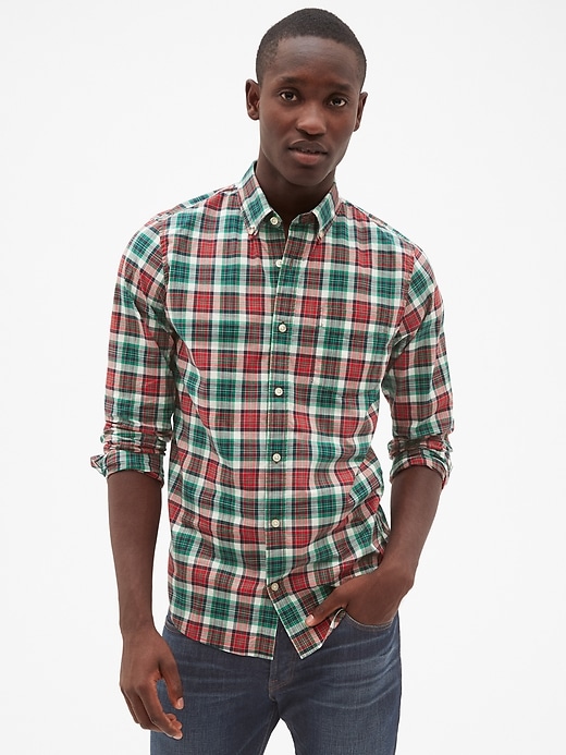 1 of 8 showing, with the color green plaid of product Lived-In Stretch Poplin Shirt