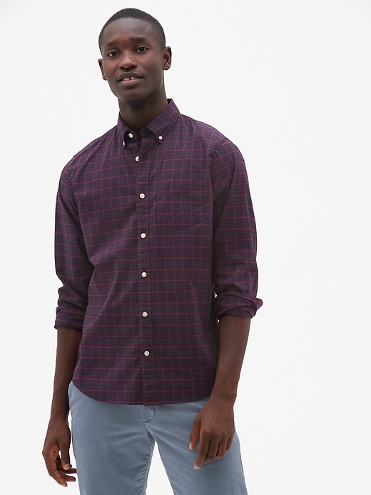 1 of 8 showing, with the color pinot noir of product Lived-In Stretch Poplin Shirt