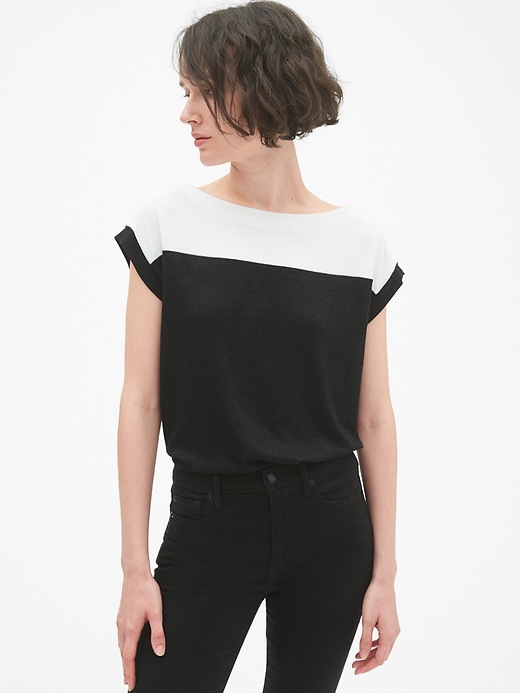 View large product image 1 of 1. Softspun Short Sleeve Colorblock Boatneck Top