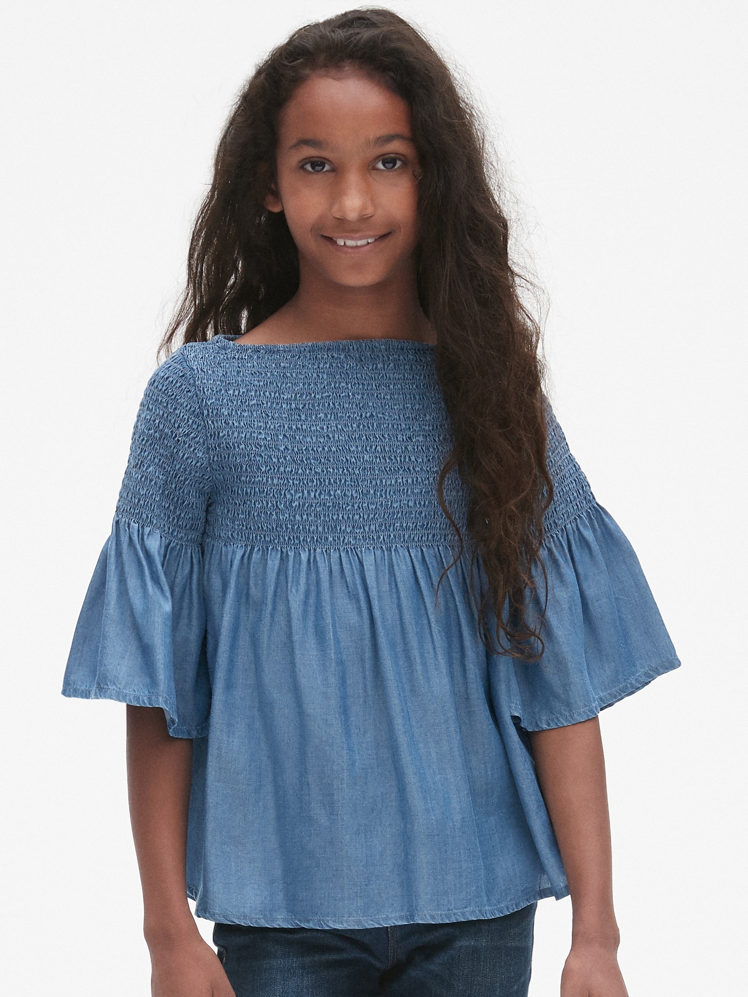 KIDS OFF SHOULDER TOP WITH SMOCKING 12-14 CLEVER CLOGS