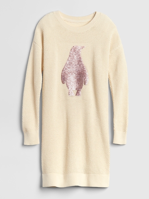 1 of 8 showing, with the color french vanilla of product Kids Sequin Penguin Sweater Dress