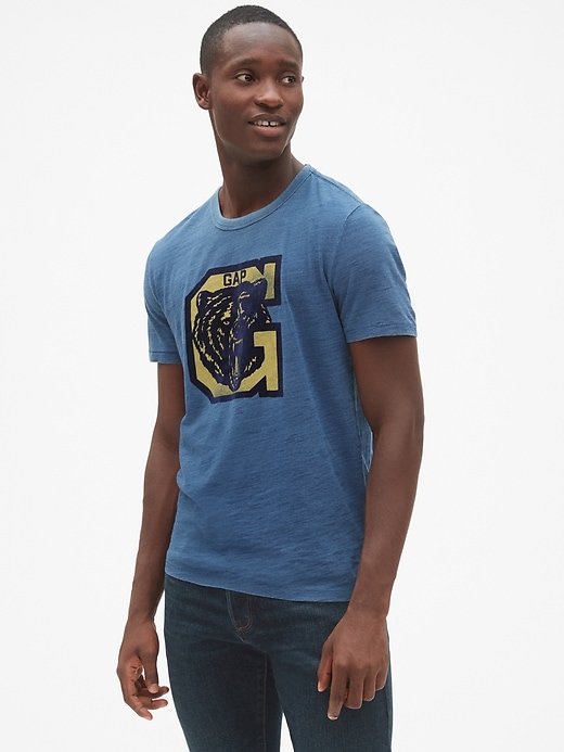 1 of 8 showing, with the color medium indigo of product Logo Graphic Indigo Short Sleeve T-Shirt