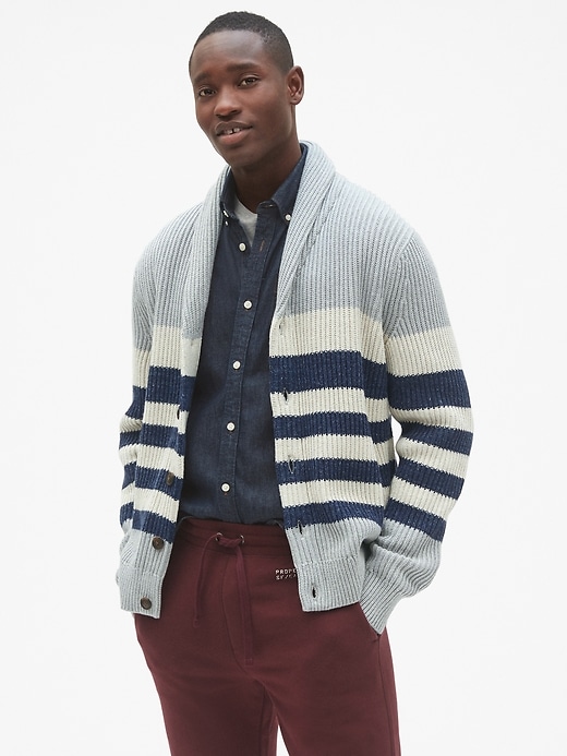 View large product image 1 of 1. Ribbed Stripe Shawl Cardigan Sweater