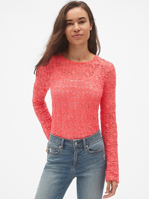 View large product image 1 of 1. Long Sleeve Crewneck Top in Pucker Lace