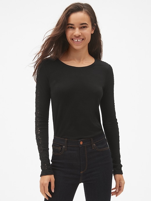 Image number 8 showing, Featherweight Lace-Trim Long Sleeve Crewneck T-Shirt