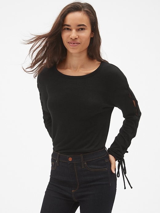 1 of 8 showing, with the color true black of product Softspun Lace-Up Long Sleeve Top