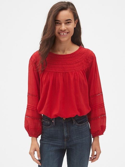 View large product image 1 of 1. Smocked Lace-Trim Peasant Blouse