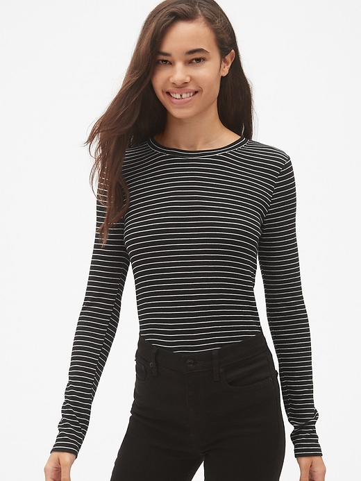 1 of 8 showing, with the color true black of product Ribbed Long Sleeve Stripe Crewneck T-Shirt in Modal