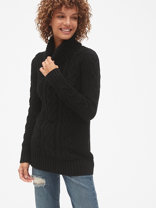 View large product image 1 of 1. Cable-Knit Turtleneck Tunic Sweater