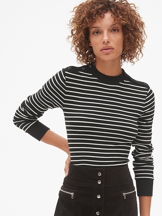 Stripe Long Sleeve Button-Shoulder T-Shirt in Modal | Gap