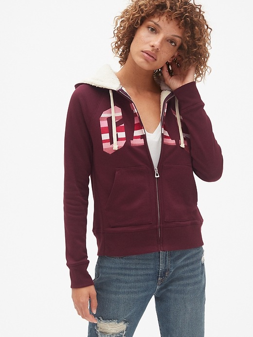 1 of 8 showing, with the color vamp red of product Sherpa-Lined Stripe Logo Full-Zip Hoodie