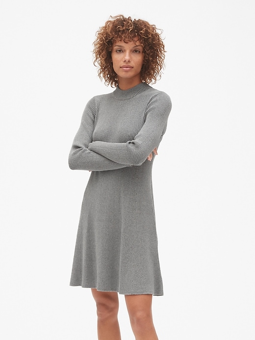 1 of 8 showing, with the color heather grey of product Ribbed Mockneck Skater Dress