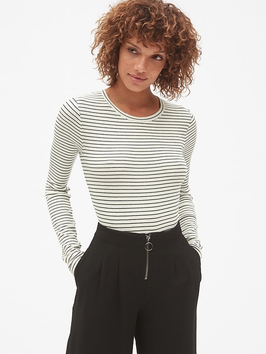 1 of 8 showing, with the color snow cap of product Ribbed Long Sleeve Stripe Crewneck T-Shirt in Modal