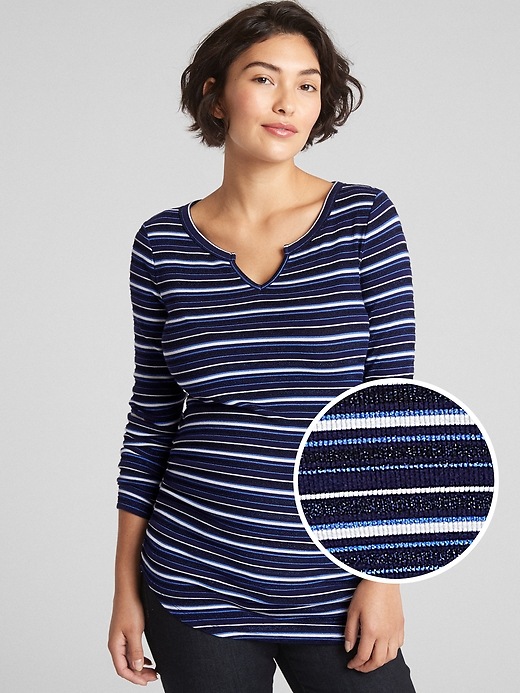 1 of 8 showing, with the color shine stripe blue of product Maternity Ribbed Notch-Neck T-Shirt