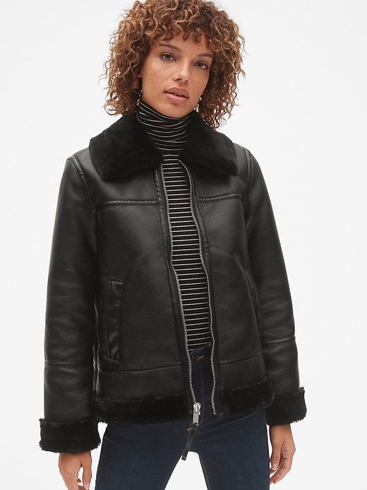 Image number 1 showing, Faux-Fur Trim Moto Jacket