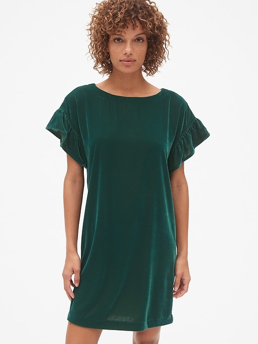 1 of 8 showing, with the color tropic green of product Velvet Ruffle Sleeve Dress