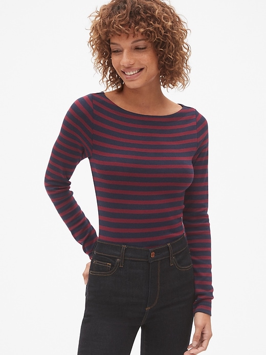 View large product image 1 of 1. Modern Stripe Long Sleeve Boatneck T-Shirt