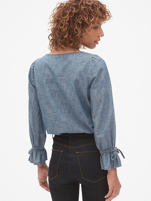 Image number 2 showing, Tie-Sleeve Blouse in Chambray