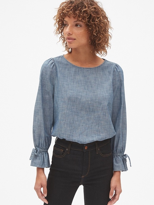 Image number 1 showing, Tie-Sleeve Blouse in Chambray