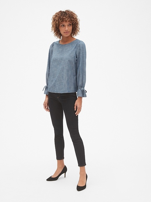 Image number 3 showing, Tie-Sleeve Blouse in Chambray