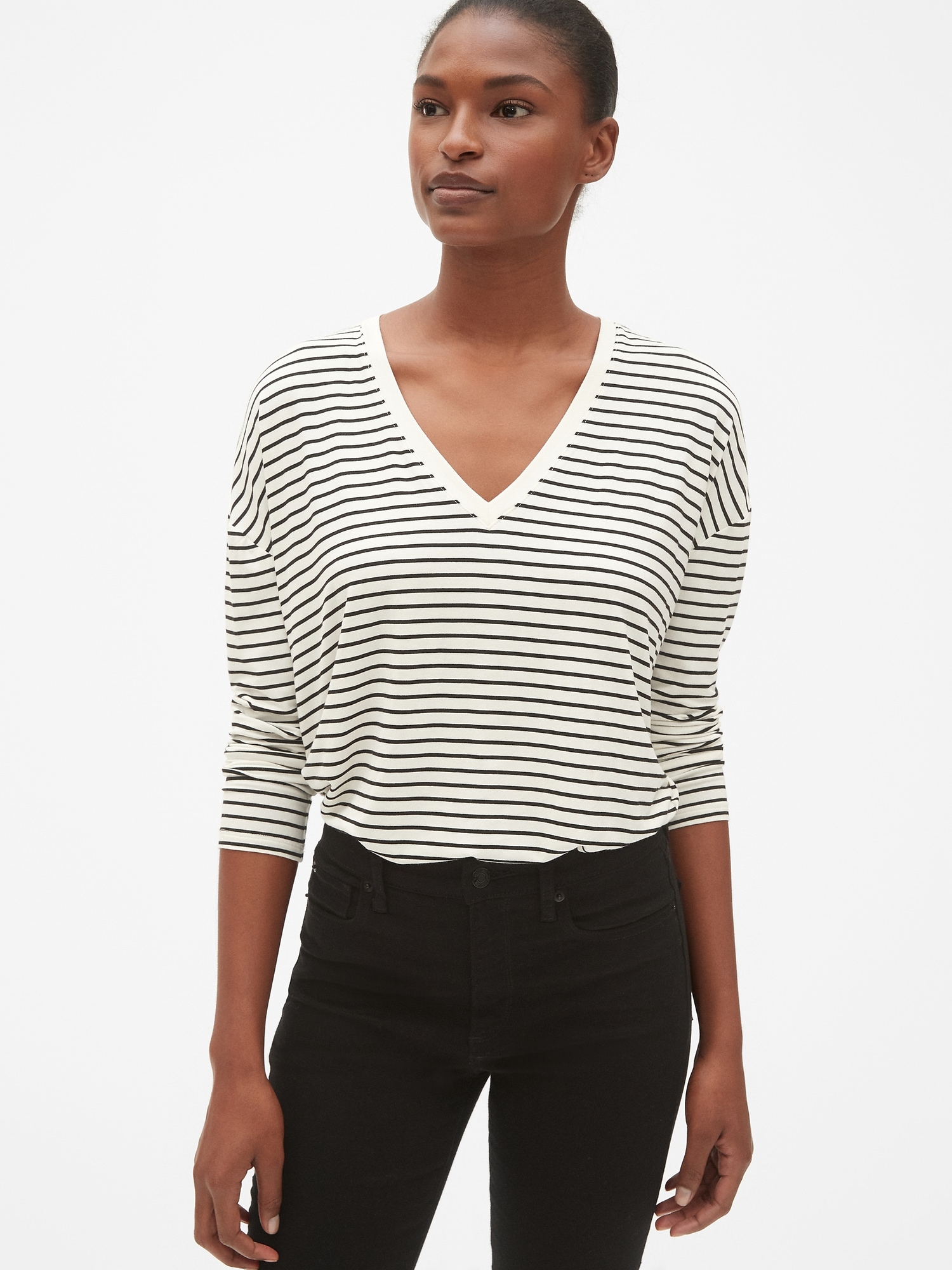 Long Sleeve Stripe V-Neck T-Shirt in Luxe Jersey | Gap