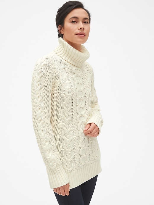 View large product image 1 of 1. Cable-Knit Turtleneck Tunic Sweater