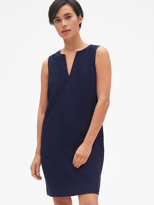 1 of 8 showing, with the color dark nigh blue of product Sleeveless Split-Neck Shift Dress