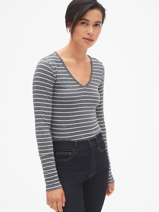 View large product image 1 of 1. Featherweight Long Sleeve Stripe V-Neck T-Shirt