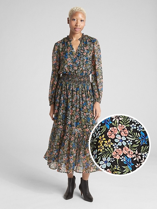 Image number 1 showing, Floral Print Long Sleeve Smocked Midi Dress