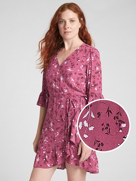 1 of 8 showing, with the color pink floral of product Floral Ruffle Wrap Dress