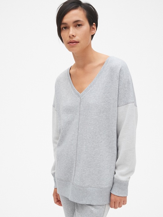 View large product image 1 of 1. Mix-Fabric Pullover V-Neck Sweatshirt