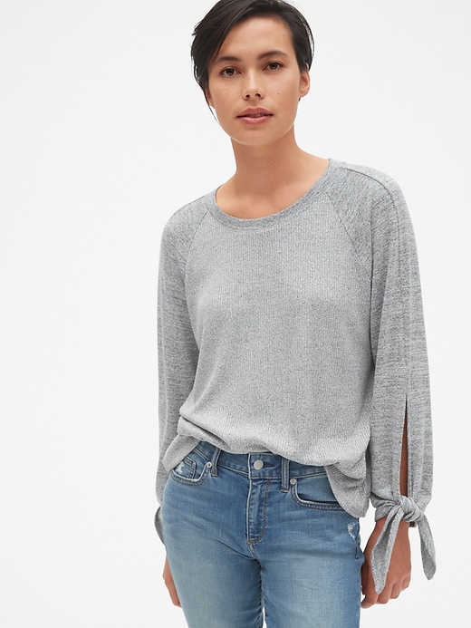 1 of 8 showing, with the color light grey marle of product Softspun Mix-Fabric Tie-Sleeve Top