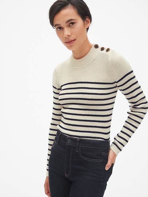 View large product image 1 of 1. Stripe Button-Shoulder Pullover Sweater
