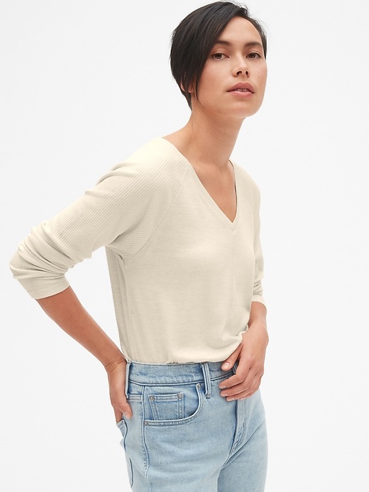View large product image 1 of 1. Softspun Mix-Fabric Long Sleeve V-Neck Top