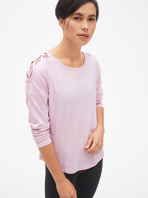 View large product image 1 of 1. GapFit Long Sleeve Lattice-Shoulder T-Shirt
