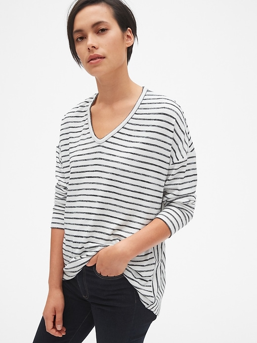 1 of 8 showing, with the color black stripe of product Softspun Mix-Fabric Hi-Lo V-Neck Top