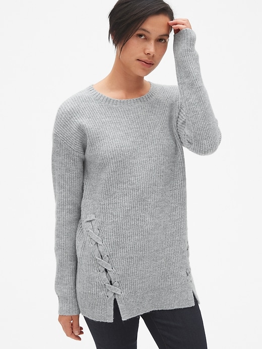 1 of 8 showing, with the color light heather grey of product Shaker Stitch Lace-Up Pullover Sweater Tunic