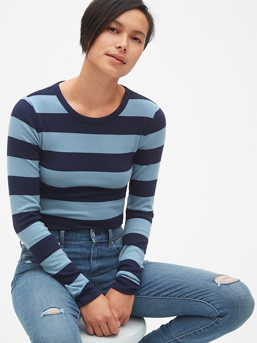 1 of 8 showing, with the color blue stripe of product Modern Stripe Long Sleeve Crewneck T-Shirt